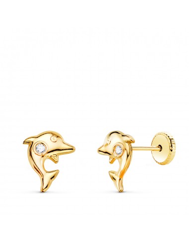 18K PENDIENTES ORO AMARILLO DELFINES CON CIRCONITA 8 X 6 MM. CIERRE TUERCA