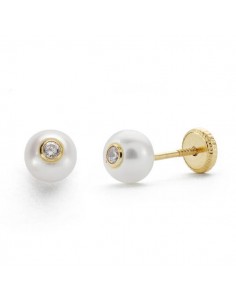 18K PENDIENTES ORO AMARILLO PERLA 5 MM CIRCONITA CIERRE TUERCA