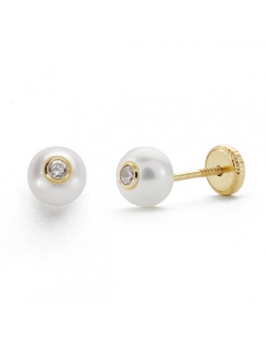 18K PENDIENTES ORO AMARILLO PERLA 5 MM CIRCONITA CIERRE TUERCA