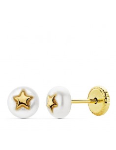 18K PENDIENTES ORO AMARILLO PERLA 5MM Y ESTRELLA CIERRE TUERCA