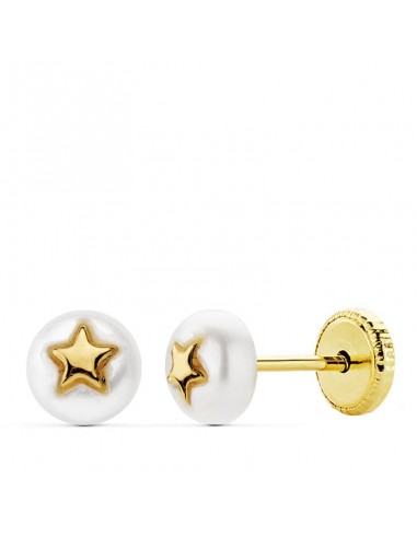 18K PENDIENTES ORO AMARILLO PERLA 5MM Y ESTRELLA CIERRE TUERCA