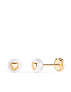 18K PENDIENTES ORO AMARILLO PERLA CON INTERIOR DE CORAZON. MEDIDA: 5 MM. CIERRE TUERCA