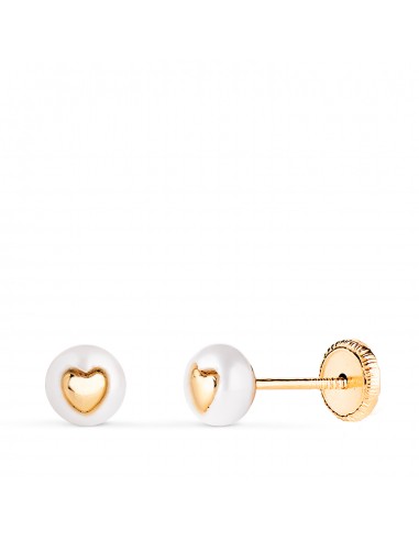 18K PENDIENTES ORO AMARILLO PERLA CON INTERIOR DE CORAZON. MEDIDA: 5 MM. CIERRE TUERCA