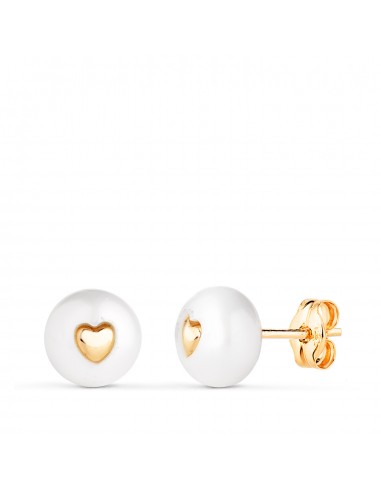 18K PENDIENTES ORO AMARILLO PERLA CON INTERIOR DE CORAZON. MEDIDA: 7 MM. CIERRE PRESION