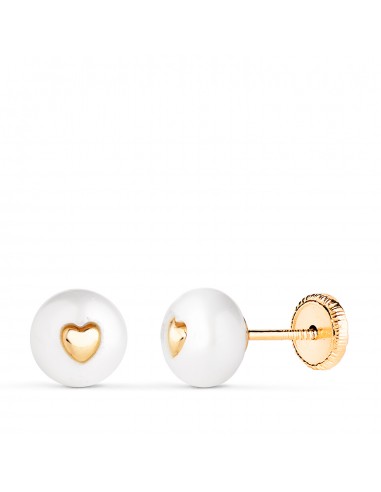 18K PENDIENTES ORO AMARILLO PERLA CON INTERIOR DE CORAZON. MEDIDA: 7 MM. CIERRE TUERCA