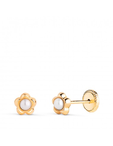 18K PENDIENTES ORO AMARILLO FLOR CON PERLAS DE 2 4MM. MEDIDA: 5 3 X 5MM. CIERRE TUERCA