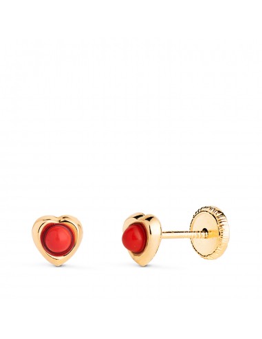 18K PENDIENTES ORO AMARILLO CORAZON CON CORAL DE 2 4MM. MEDIDA: 5 X 5MM. CIERRE TUERCA