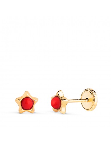 18K PENDIENTES ORO AMARILLO ESTRELLA CON CORAL DE 2 4MM. MEDIDA: 5 X 5MM. CIERRE TUERCA