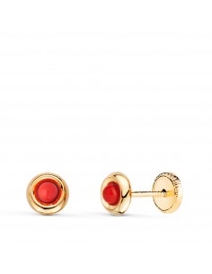 18K PENDIENTES ORO AMARILLO REDONDOS CON CORAL DE 2MM. ANCHO: 5MM. CIERRE TUERCA