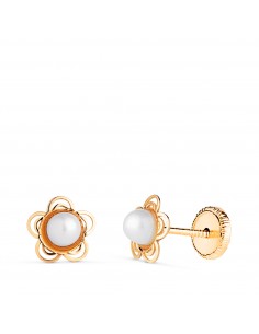 18K PENDIENTES ORO AMARILLO FLOR CALADA CON PERLA 3MM. MEDIDA: 6 MM.CIERRE TUERCA