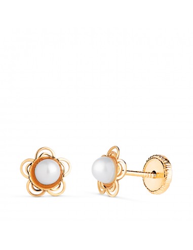 18K PENDIENTES ORO AMARILLO FLOR CALADA CON PERLA 3MM. MEDIDA: 6 MM.CIERRE TUERCA