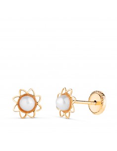 18K PENDIENTES ORO AMARILLO FLOR CALADA CON PERLA 3MM. MEDIDA: 6 MM. CIERRE TUERCA
