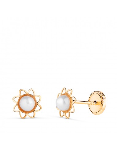 18K PENDIENTES ORO AMARILLO FLOR CALADA CON PERLA 3MM. MEDIDA: 6 MM. CIERRE TUERCA
