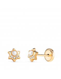18K PENDIENTES ORO AMARILLO ESTRELLA CON PERLA Y CIRCONITAS. MEDIDA: 6X5 MM. CIERRE TUERCA