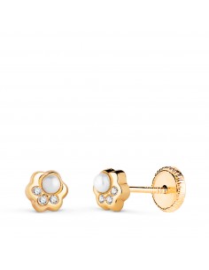 18K PENDIENTES ORO AMARILLO FLOR CON PERLA Y CIRCONITAS. MEDIDA: 5X4 5 MM. CIERRE TUERCA