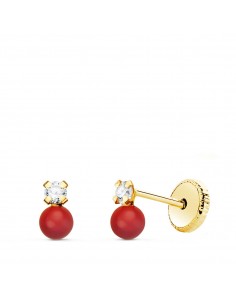 18K PENDIENTES ORO AMARILLO TU Y YO CIRCONITA Y CORAL  5X3 MM CIERRE TUERCA