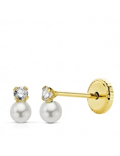 18K PENDIENTES ORO AMARILLO PERLAS CON CIRCONITA MEDIDA TOTAL 5X3 MM  CIERRE TUERCA