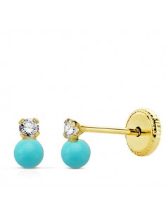 18K PENDIENTES ORO AMARILLO TU Y YO CIRCONITA Y TURQUESA 5X3 MM. CIERRE TUERCA