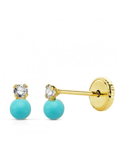 18K PENDIENTES ORO AMARILLO TU Y YO CIRCONITA Y TURQUESA 5X3 MM. CIERRE TUERCA