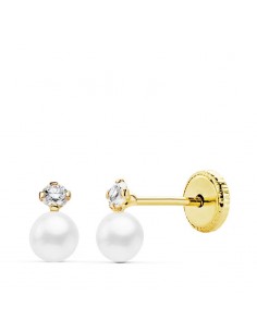 18K PENDIENTES ORO AMARILLO PERLAS Y CIRCONITA EN GARRAS 6 X 3.5 MM. CIERRE TUERCA