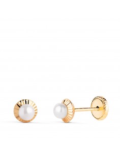 18K PENDIENTES ORO AMARILLO PERLA ORLA TALLADA 5 MM CIERRE TUERCA