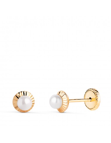 18K PENDIENTES ORO AMARILLO PERLA ORLA TALLADA 5 MM CIERRE TUERCA