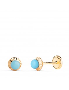 18K PENDIENTES ORO AMARILLO TURQUESA ORLA TALLADA 5 MM CIERRE TUERCA