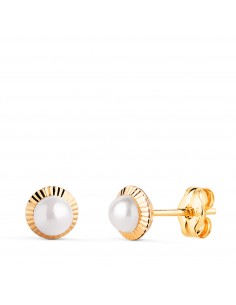 18K PENDIENTES ORO AMARILLO PERLA ORLA TALLADA 6 MM CIERRE PRESION