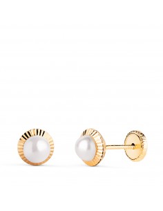 18K PENDIENTES ORO AMARILLO PERLA ORLA TALLADA 6 MM CIERRE TUERCA