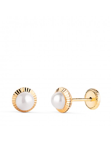 18K PENDIENTES ORO AMARILLO PERLA ORLA TALLADA 6 MM CIERRE TUERCA