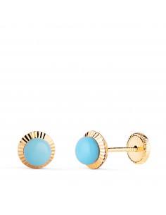 18K PENDIENTES ORO AMARILLO TURQUESA ORLA TALLADA 6 MM. CIERRE TUERCA