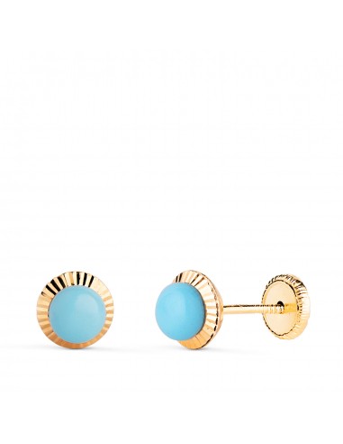 18K PENDIENTES ORO AMARILLO TURQUESA ORLA TALLADA 6 MM. CIERRE TUERCA