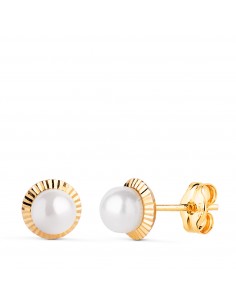 18K PENDIENTES ORO AMARILLO PERLA ORLA TALLADA 7 MM CIERRE PRESION