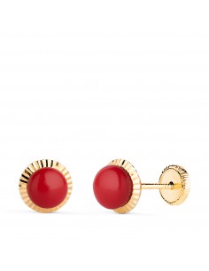 18K PENDIENTES ORO AMARILLO CORAL ORLA TALLADA 7 MM CIERRE TUERCA