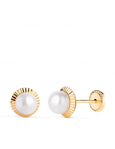 18K PENDIENTES ORO AMARILLO PERLA ORLA TALLADA 7 MM. CIERRE TUERCA