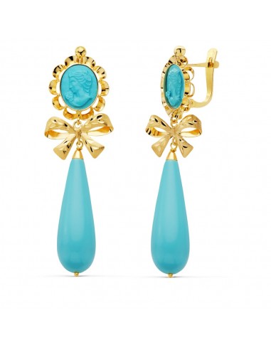 18K PENDIENTES CUBANAS ORO AMARILLO CAMAFEO LAZO TURQUESA 62X18 MM CIERRE CATALAN