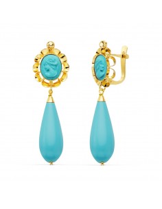 18K PENDIENTES CUBANAS ORO AMARILLO  TURQUESA CAMAFEO 47X14 MM CEIRRE CATALÁN