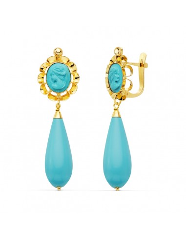 18K PENDIENTES CUBANAS ORO AMARILLO  TURQUESA CAMAFEO 47X14 MM CEIRRE CATALÁN