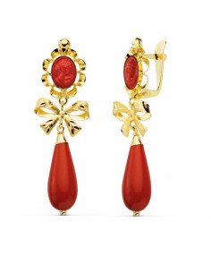 18K PENDIENTES CUBANAS ORO AMARILLO CORALINA CAMAFEO 42X13 MM CIERRE CATALÁN