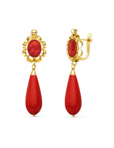 18K PENDIENTES CUBANAS ORO AMARILLO CORALINA CAMAFEO 38X10 MM CIERRE CATALÁN