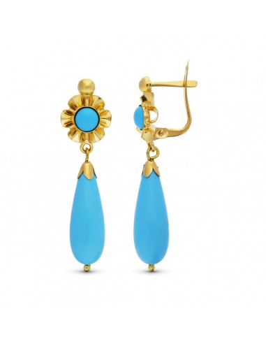 18K PENDIENTES ORO AMARILLO CUBANAS LAGRIMA TURQUESA CIERRE CATALAN