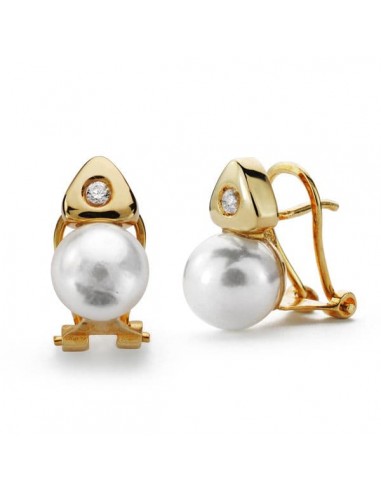 18K PENDIENTES ORO AMARILLO PERLA CULTIVADA 7 MM CIRCONITA CIERRE OMEGA