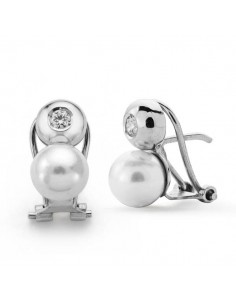 18K PENDIENTES ORO BLANCO PERLA CULTIVADA Y CIRCONITA 13X7 MM CIERRE OMEGA