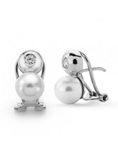 18K PENDIENTES ORO BLANCO PERLA CULTIVADA Y CIRCONITA 13X7 MM CIERRE OMEGA