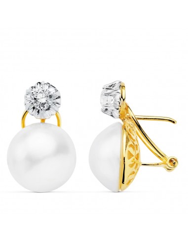 18K PENDIENTES PERLA JAPONESAS ORO BICOLOR 13.5-14 MM CIERRE OMEGA