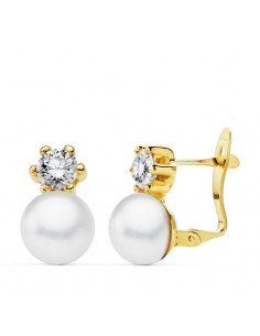 18K PENDIENTES PERLA ORO AMARILLO 7 MM Y GARRA CIRCONITA 4 MM CIERRE CATALAN