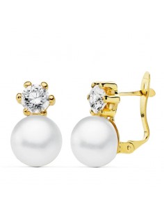 18K PENDIENTES PERLA 9 MM Y GARRA CIRCONITA ORO AMARILLO 5 MM CIERRE CATALAN