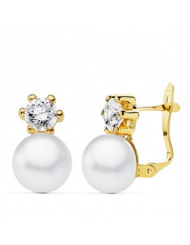 18K PENDIENTES PERLA 9 MM Y GARRA CIRCONITA ORO AMARILLO 5 MM CIERRE CATALAN