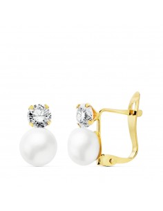 18K PENDIENTES CIRCONITA ORO BICOLOR 4 MM PERLA 6 MM CIERRE CATALAN