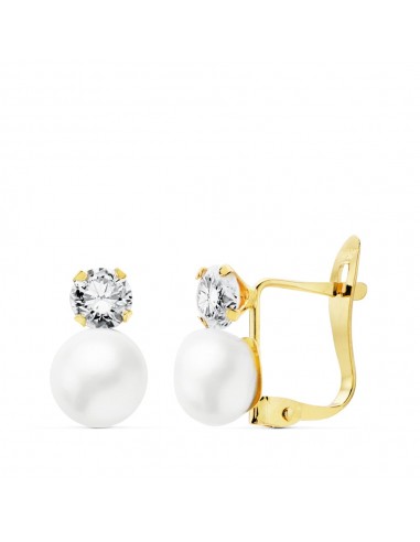 18K PENDIENTES CIRCONITA ORO BICOLOR 4 MM PERLA 6 MM CIERRE CATALAN